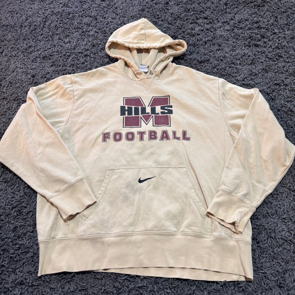 Vintage Nike‎ M.Hills Football Hoodie Center Swoosh Sweatshirt XL Beige Pullover